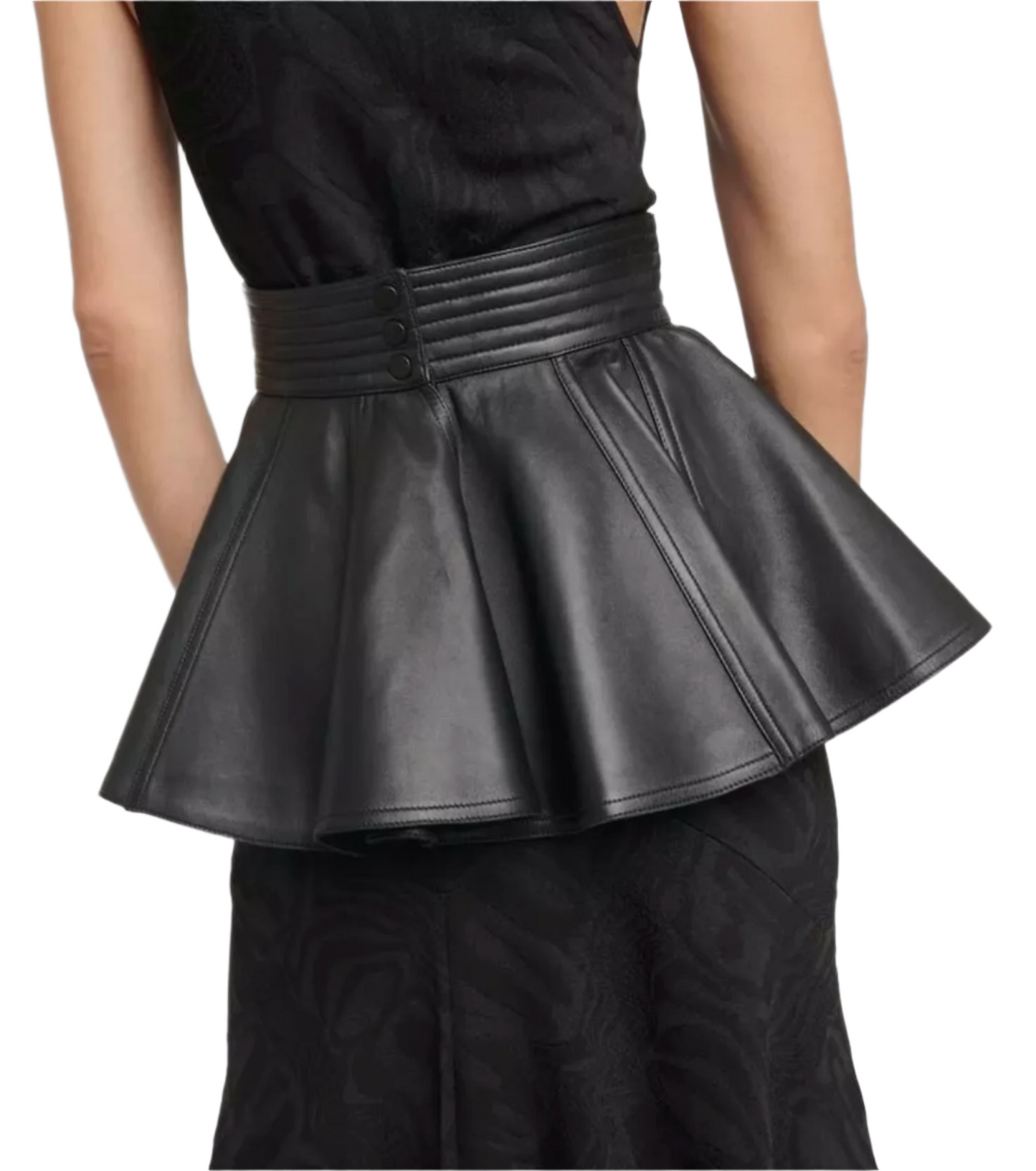 Genuine black leather peplum skirt belt with a flared design, thick waist belt, and back eyelet closure – Movenera.