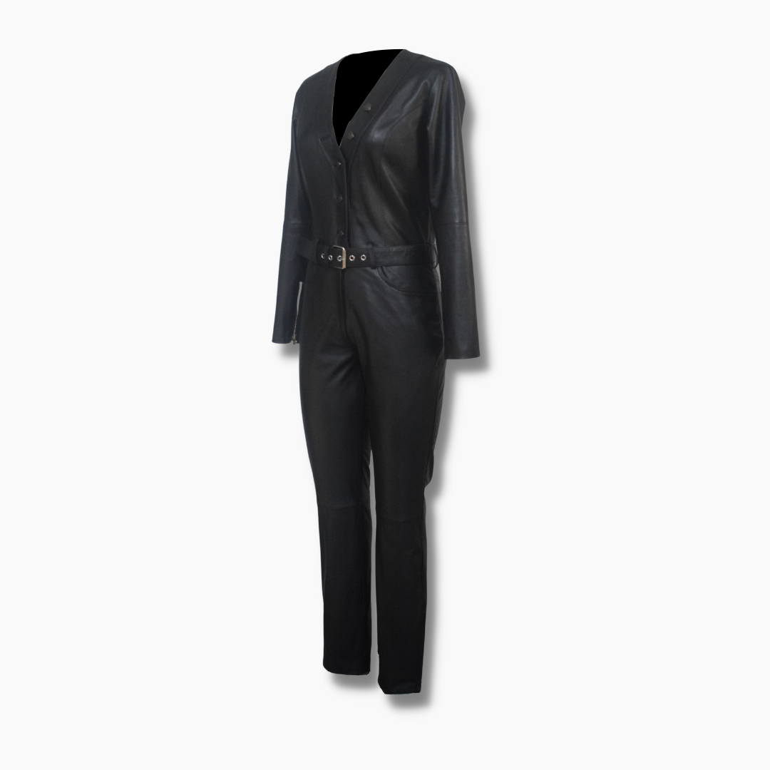 Elvira Black Leather Belted Jumpsuit with V-Neck