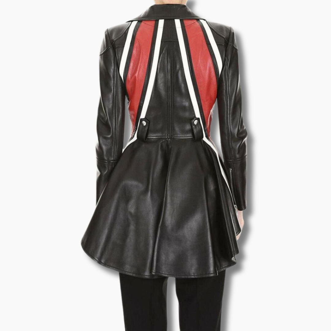 red and white stripped peplum leather jacket