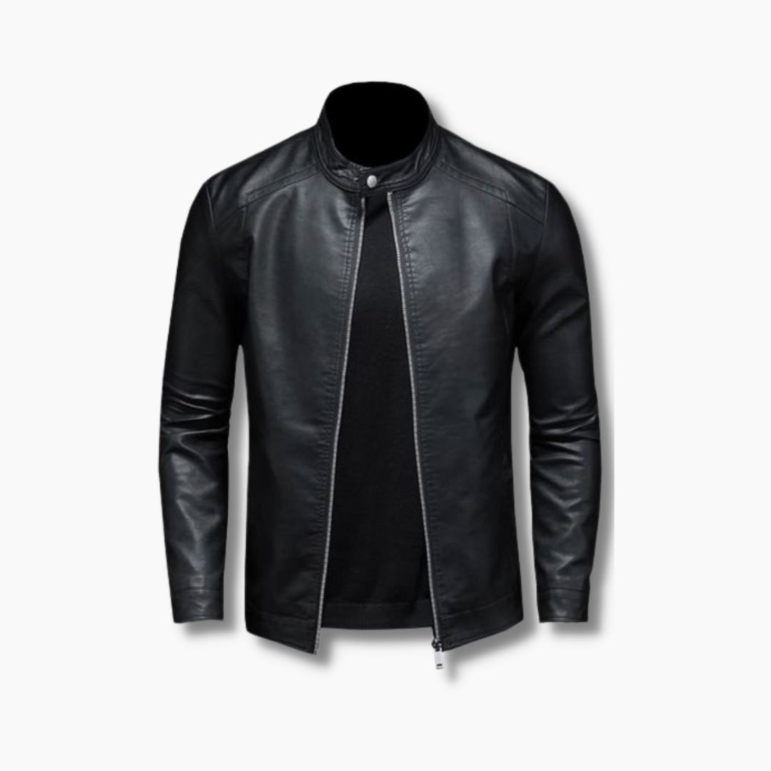 Round neck leather jacket mens clearance
