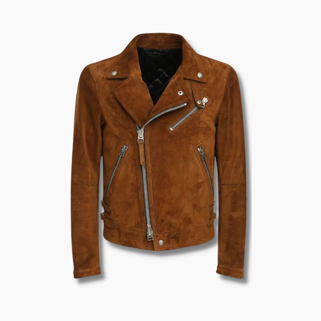 Men s Brown Suede Leather Biker Jacket Zipper Fastening Notch Collar Movenera