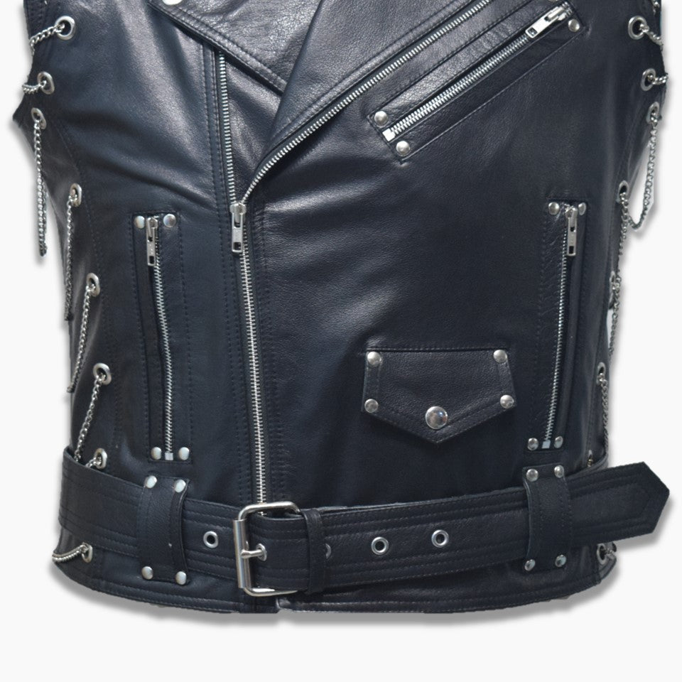 Real Leather Motorcycle Vest Heavy Duty With Chains Biker Vest Punk