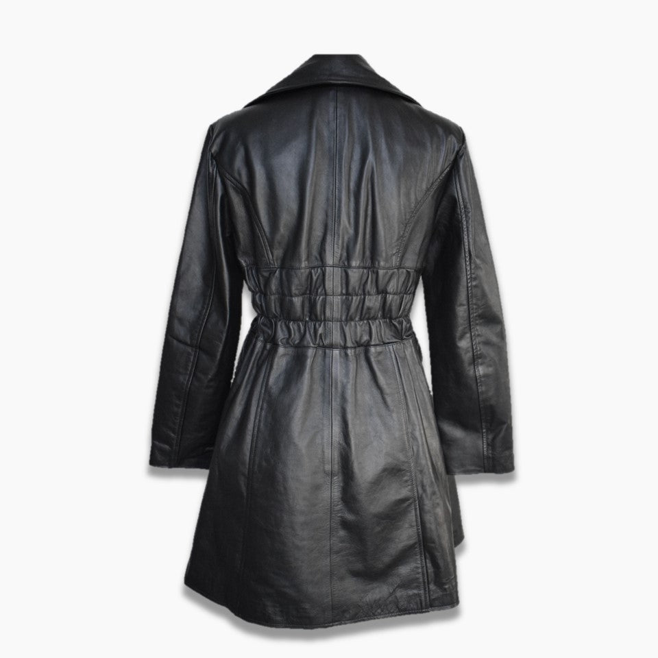 Real Leather A-Line Frock Style Black Dress Long Sleeves
