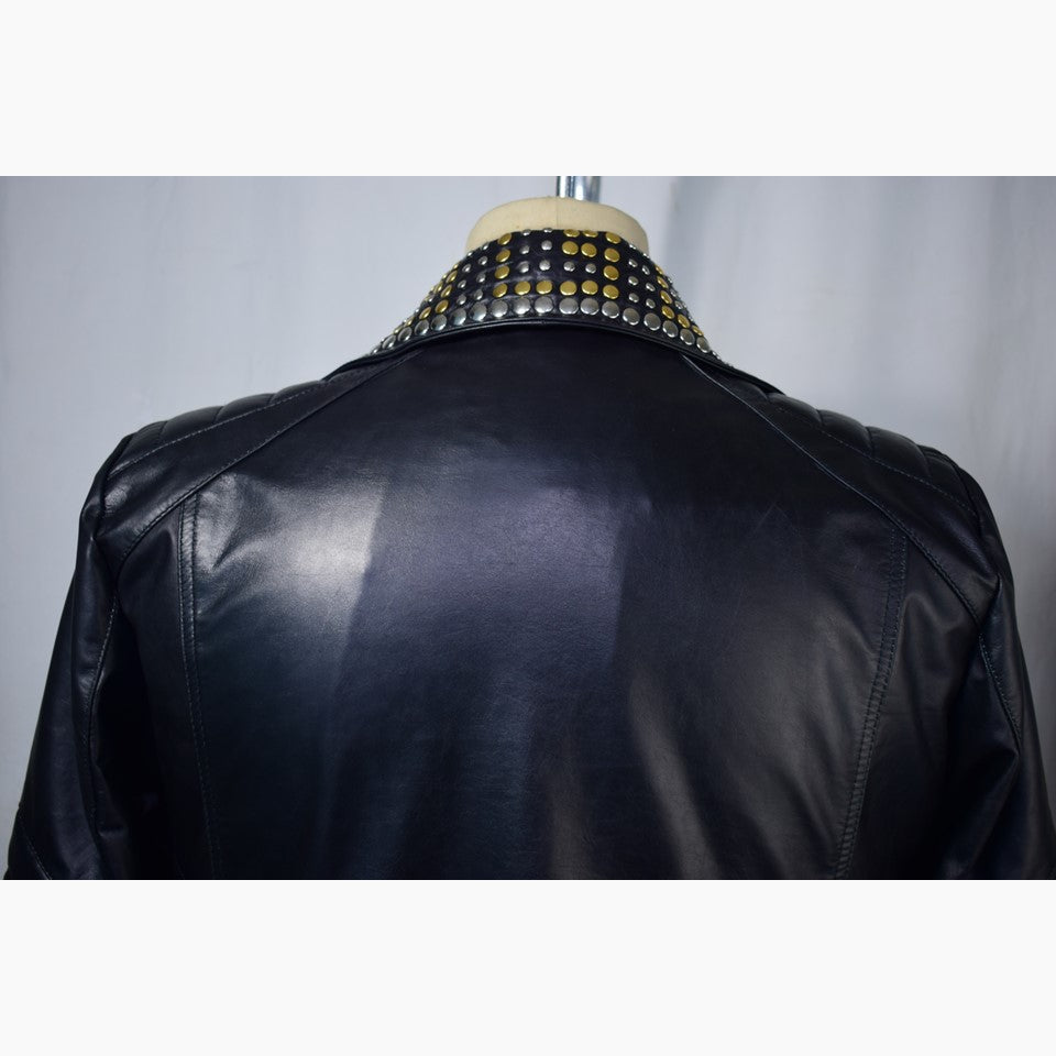 Casino Vintage Black Leather Studs Biker Jacket