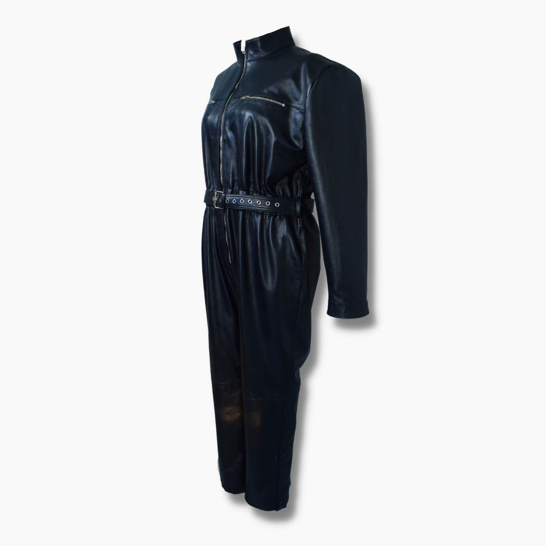 Women Genuine Leather Classic Biker Jumpsuit With Belt/ Black Overall One Piece