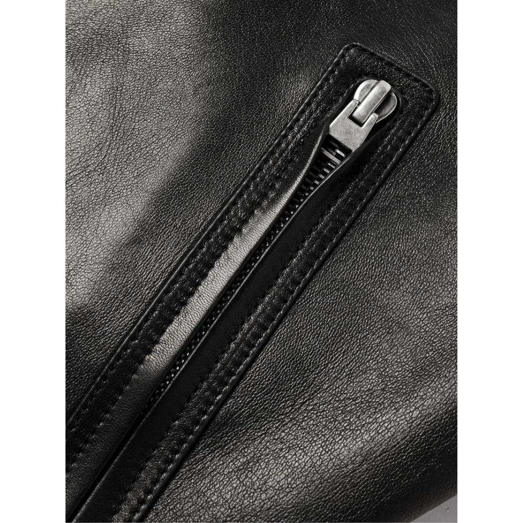 Men’s black genuine leather biker jacket with a crew neck, center front zipper, and four functional zipper pockets – Movenera.