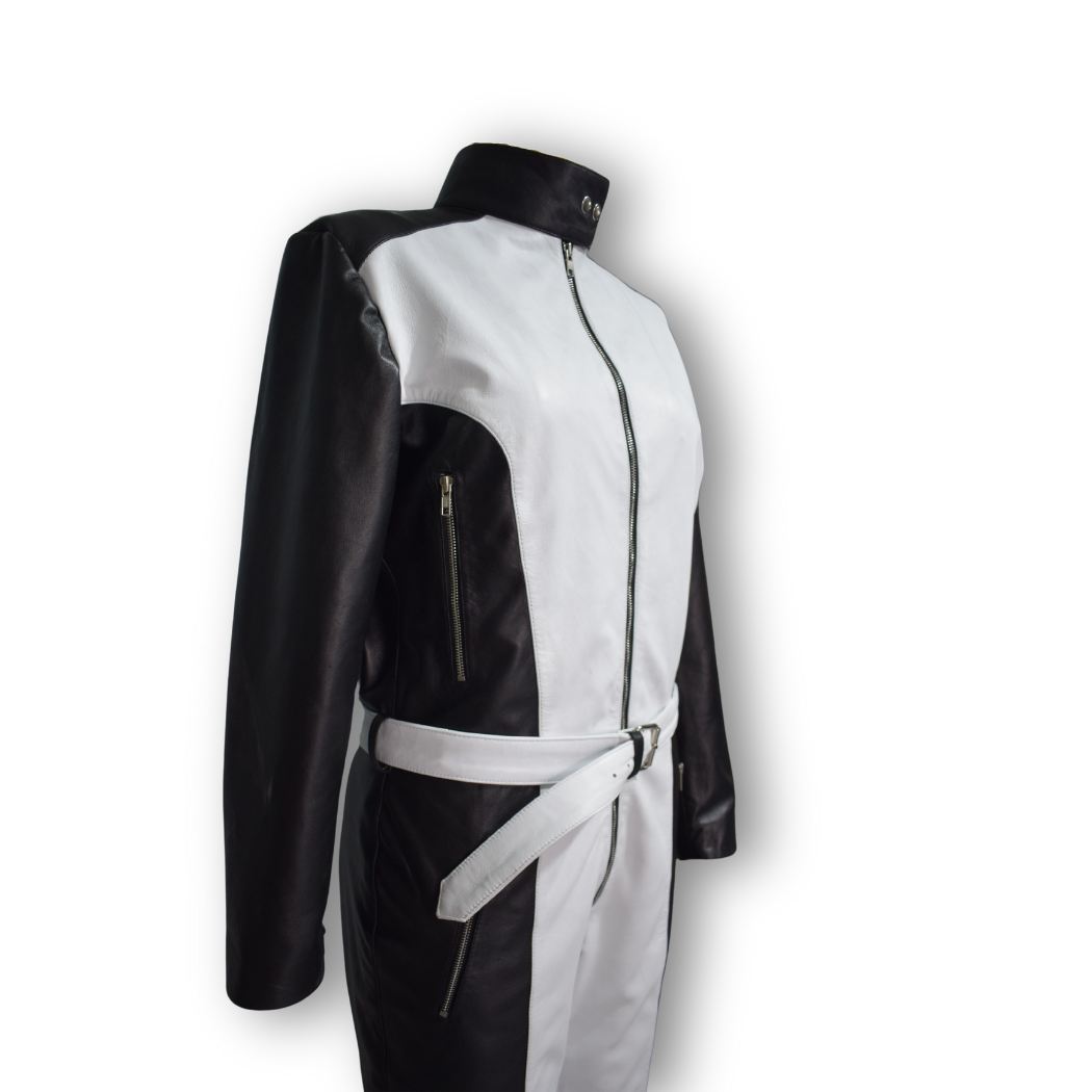 Black and white genuine leather biker jumpsuit with high neck eyelet closure, center front zipper, detachable waist belt, and side zipper pockets – Movenera