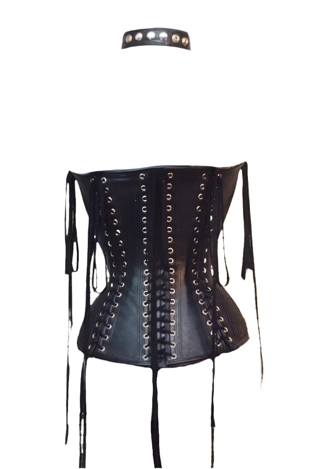 Women’s genuine leather corset with lace-up front and back, cross halter neck, and YKK zipper closure – chic, flattering, and versatile corset top by Movenera.