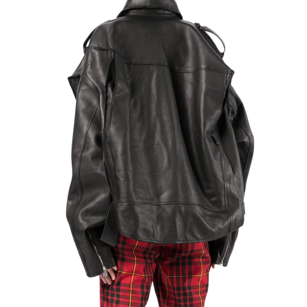 Men’s black genuine leather jacket with asymmetrical zipper, lapel collar, waist belt, zipper pockets, and eyelet details – Movenera.