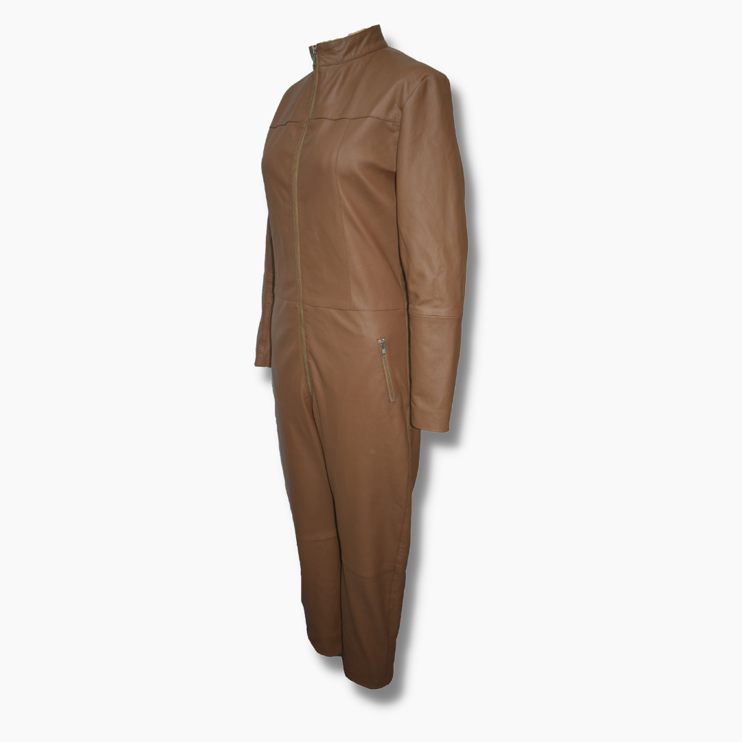 Real Leather Motorcycle Jumpsuit With Pockets -Brown