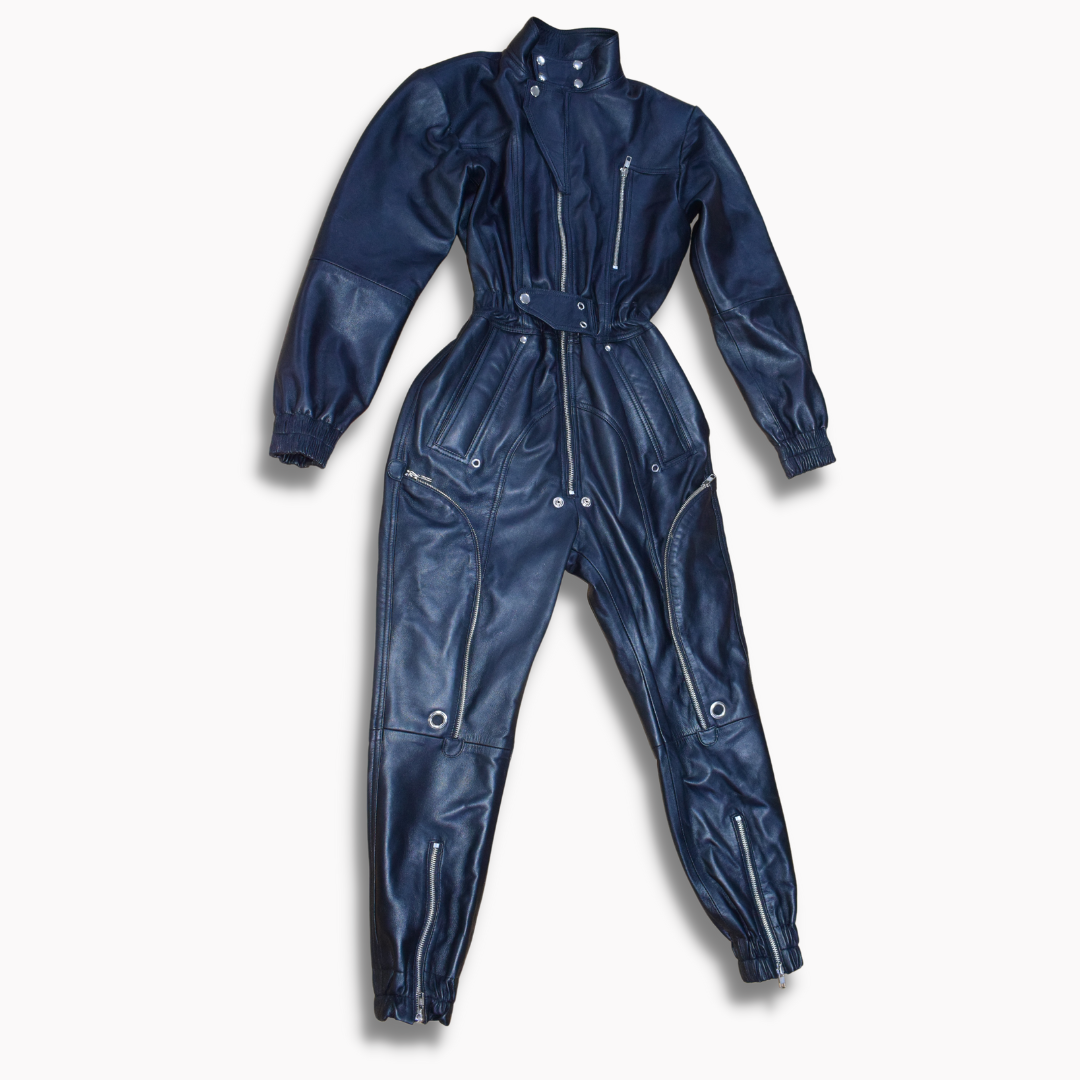 Men s Black Leather Biker Jumpsuit Premium Sheepskin Zipper