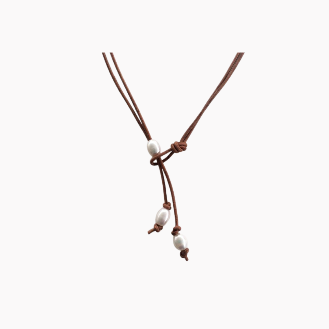 Women's Brown Leather Pearl Lariat Necklace