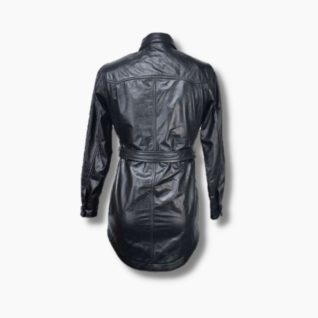 Women's Real Leather Casual Wear Belted Shirt Dress With Flap Pockets