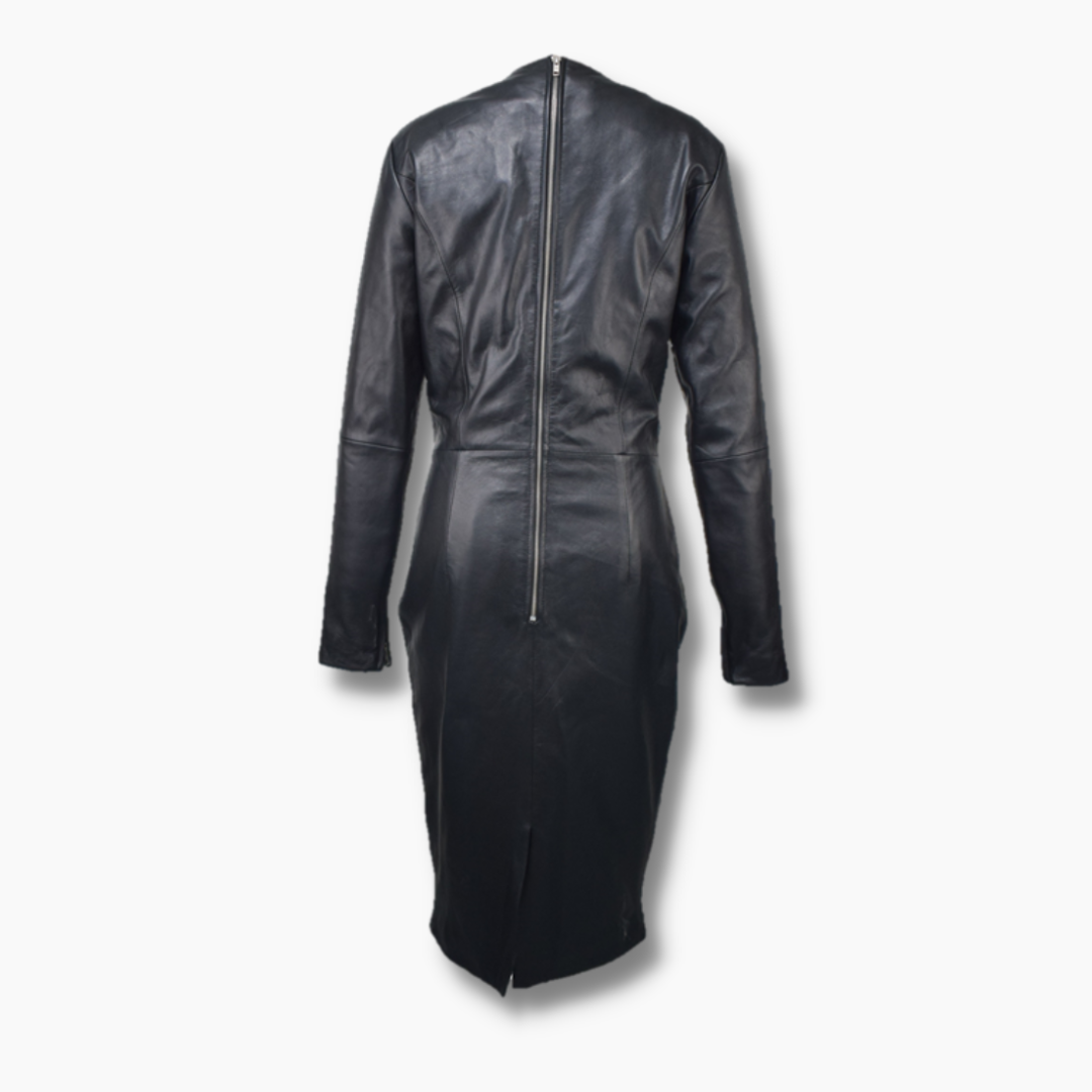 Women's Leather Bodycon Full Sleeves Long Dress - Black