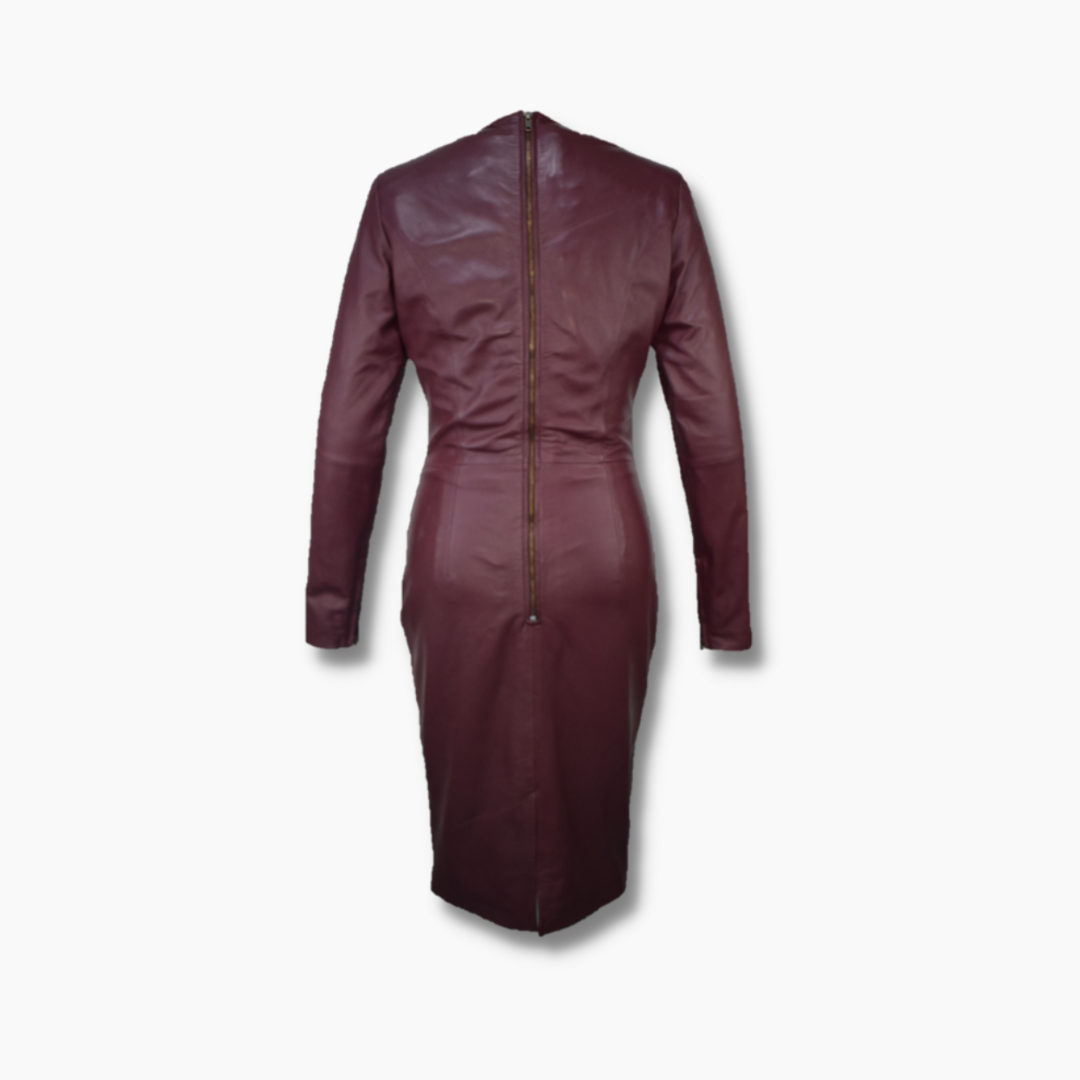Women's Leather Bodycon Full Sleeves Long Dress - Burgundy