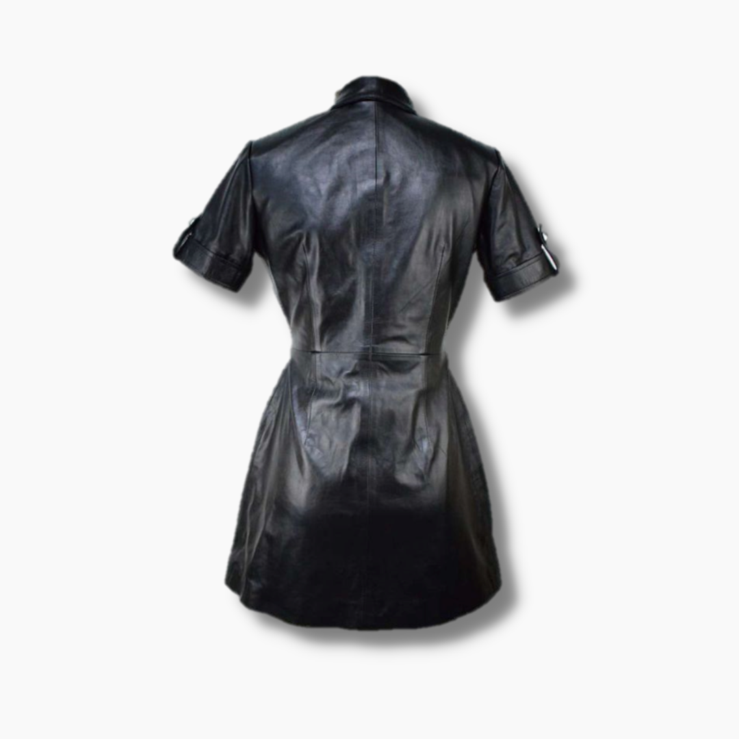 Women's Leather Shirt Buttoned Dress Bodycon - Black