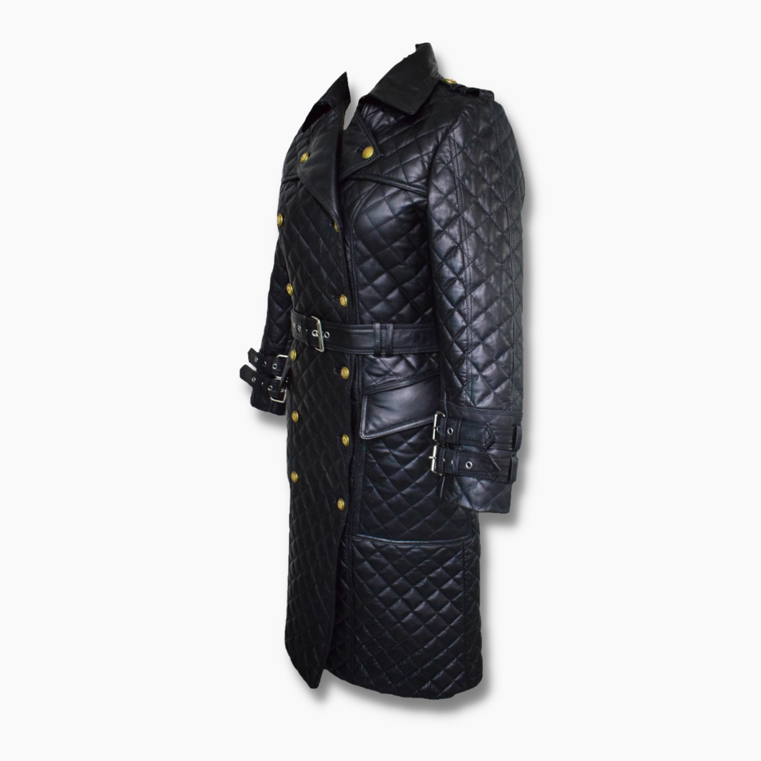 Women's Double Breasted Quilted Leather Coat Long - Black