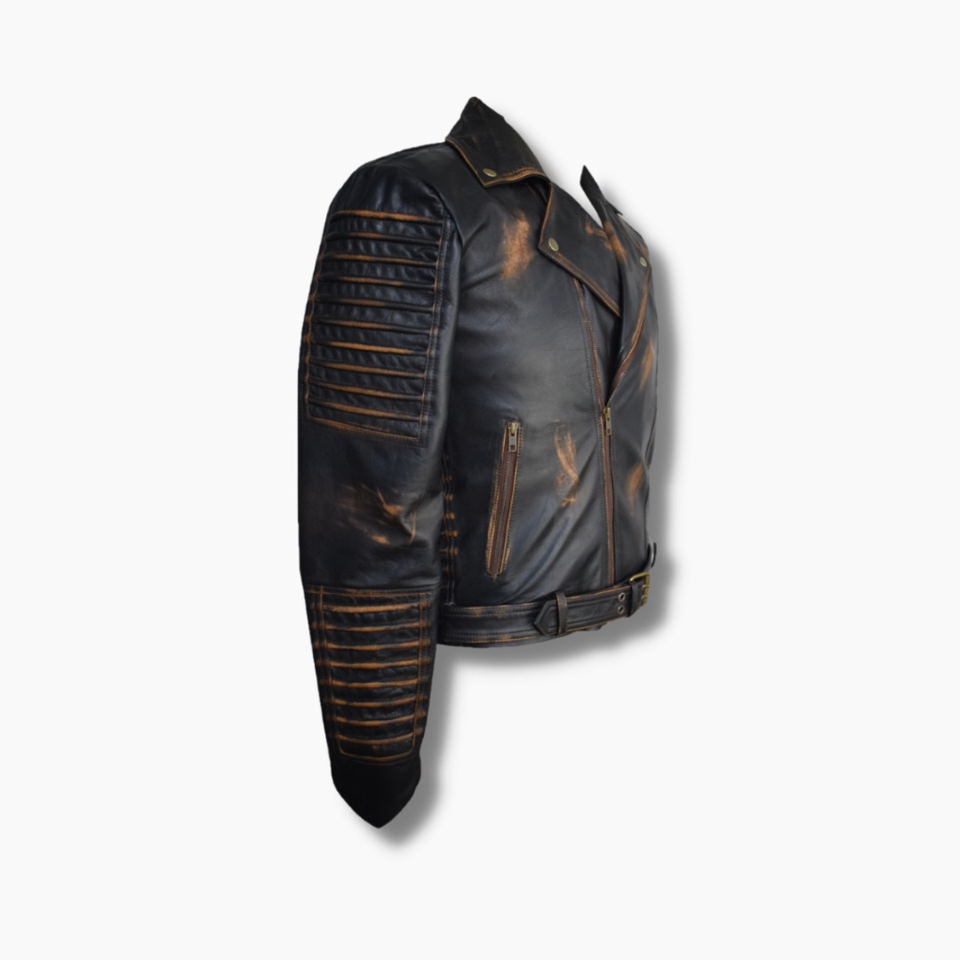 sheepskin black leather biker jacket with brown spots