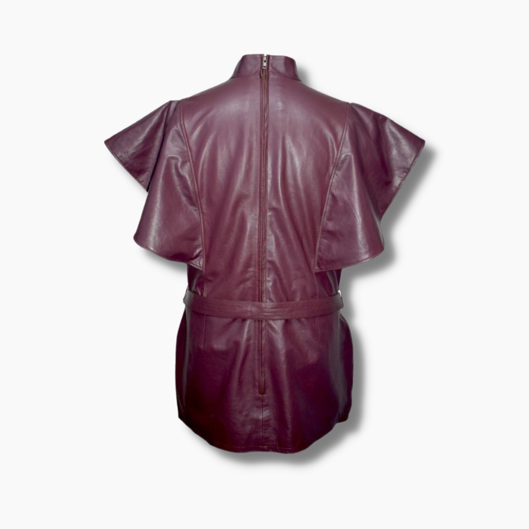 Women's Belted Frill Shoulder Leather Bodycon Dress