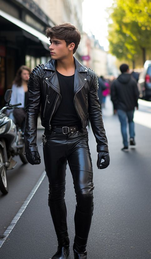 Boy wearing black biker leather jacket 