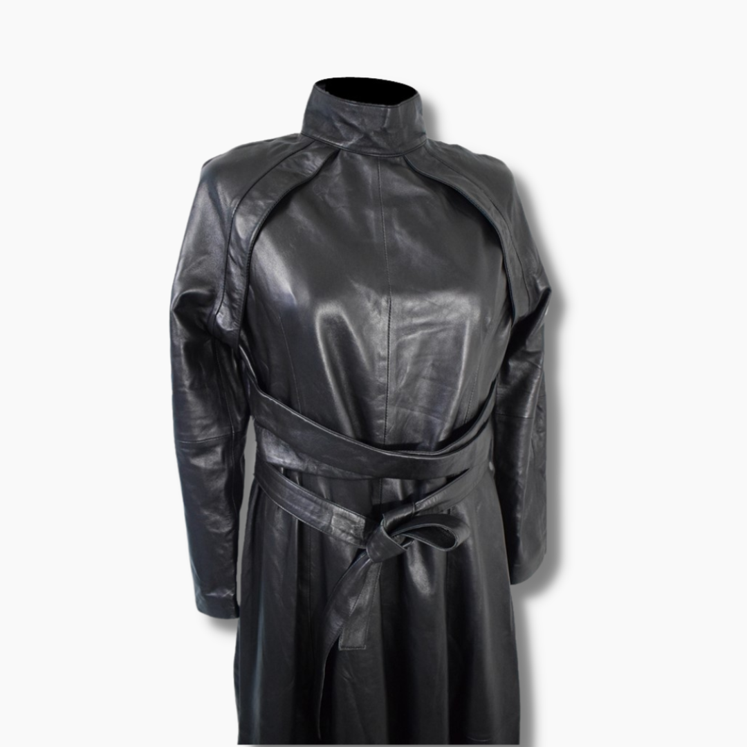 belted flare coat for women in black color 