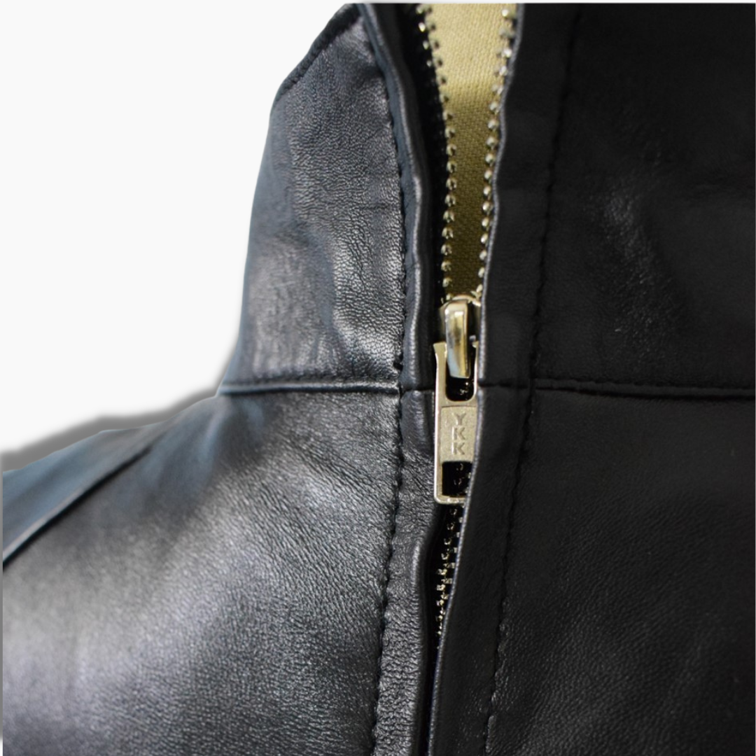 YKK Zipper Closure in black leather belted coat 