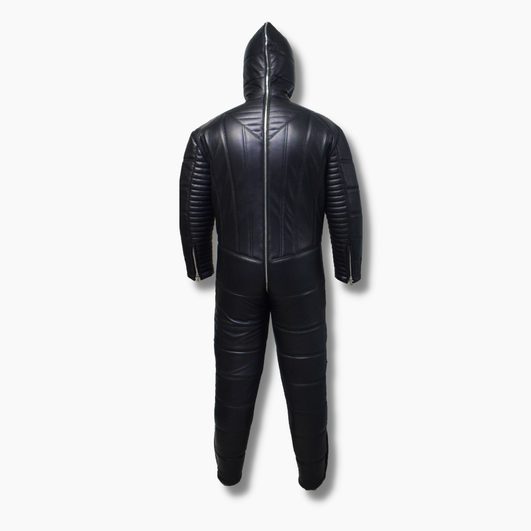 Genuine Leather Padded Catsuit Unisex Leather Jumpsuit with Attached Hood Zipper