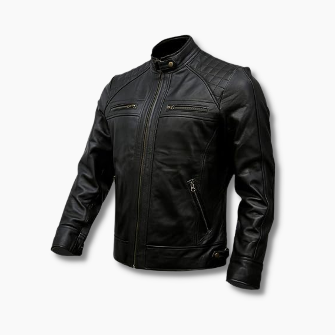 Mens Genuine Sheepskin Leather Biker Jacket Black Distressed