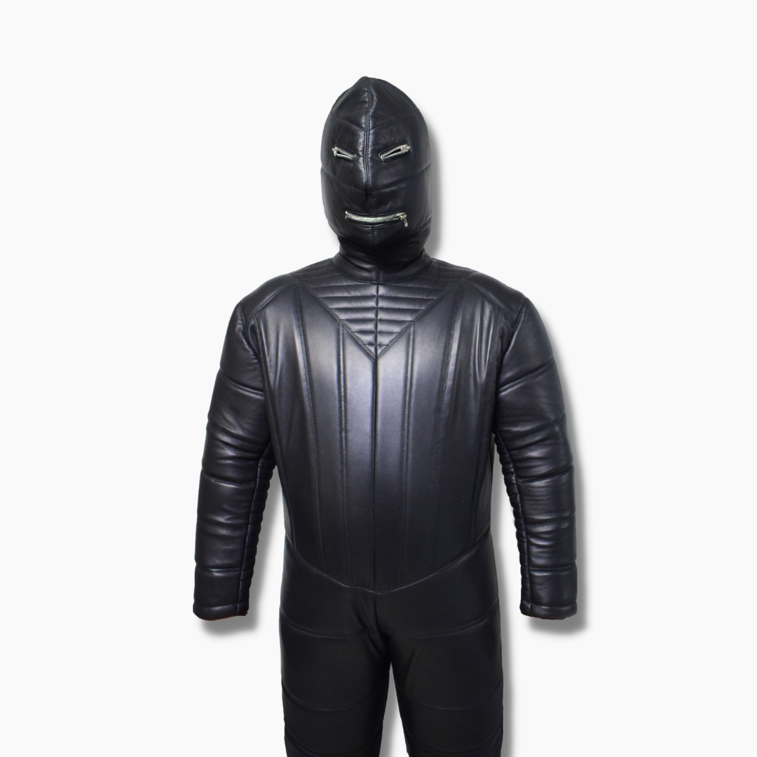 Genuine Leather Padded Catsuit Unisex Leather Jumpsuit with Attached Hood Zipper