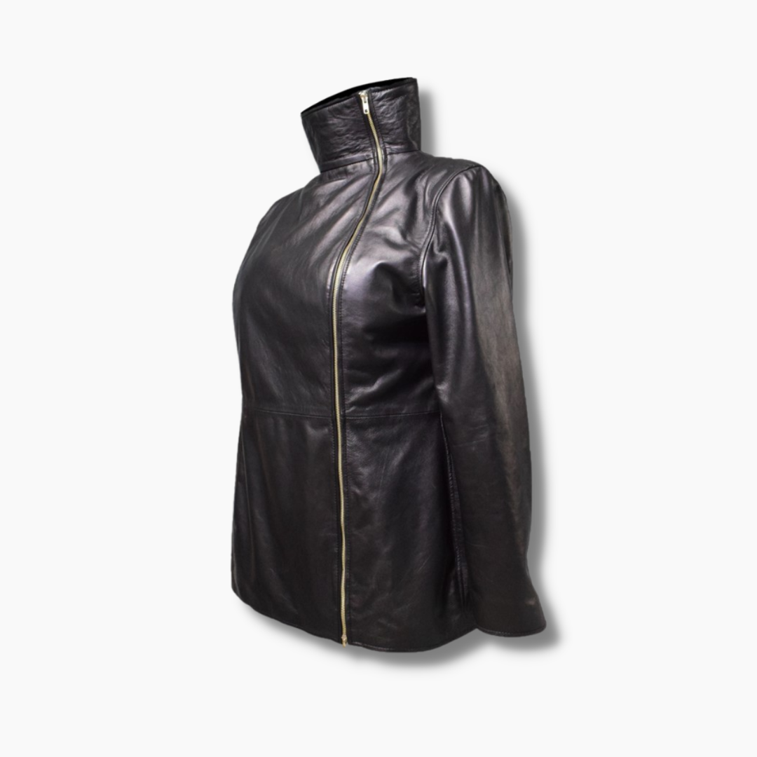 Shizuka Black Leather Mid-Length Coat