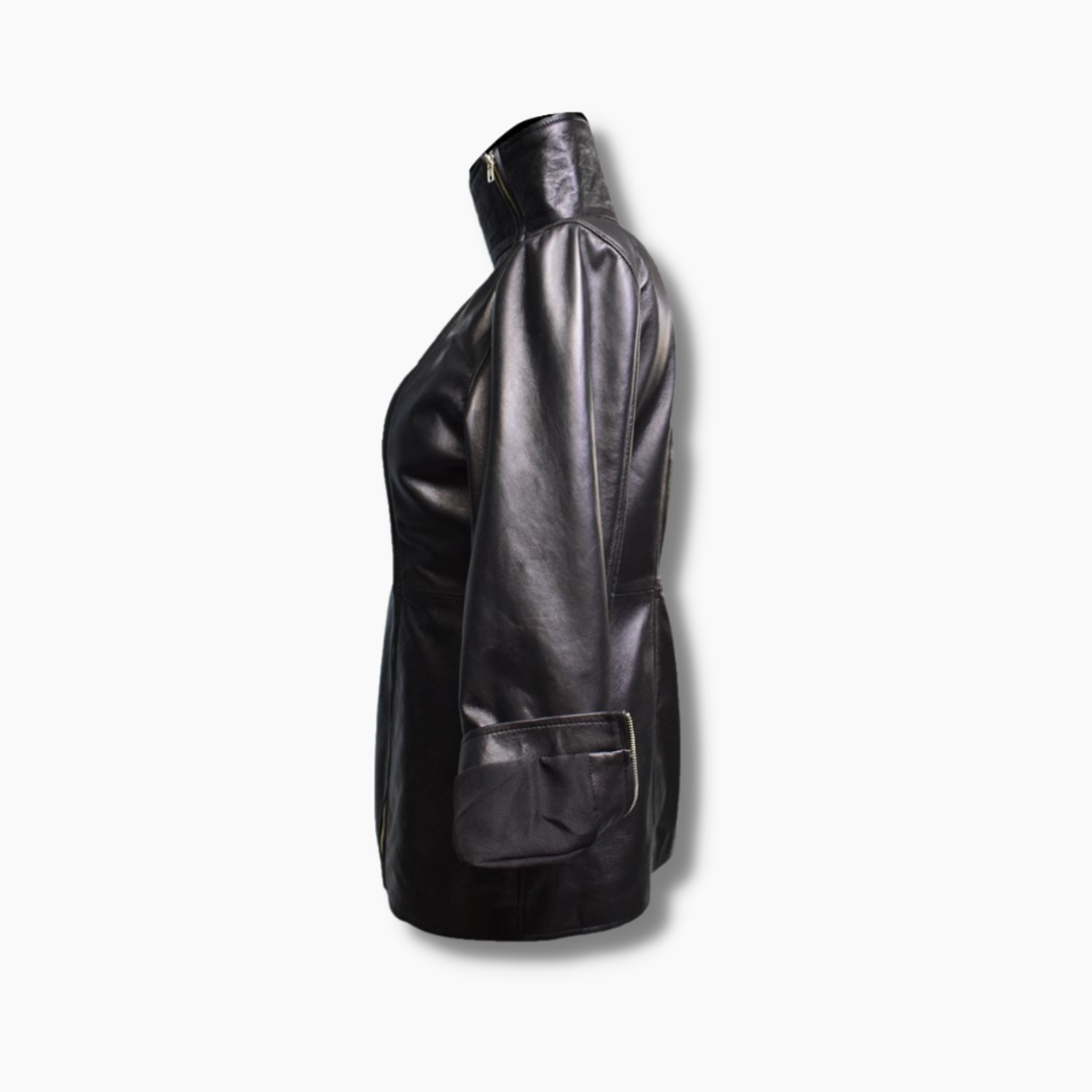 Shizuka Black Leather Mid-Length Coat