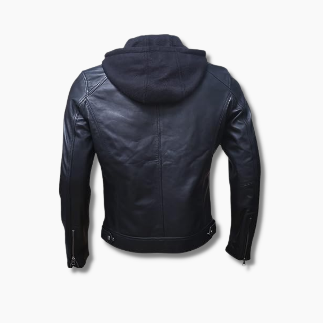 leather jacket with hoodie sleeves