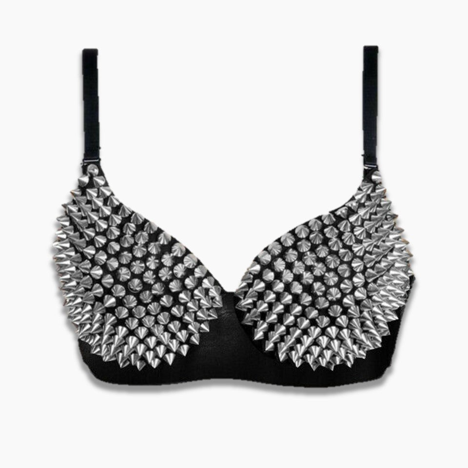 Genuine Leather Silver Spike Studded Push Up Bra with Replaceable ...