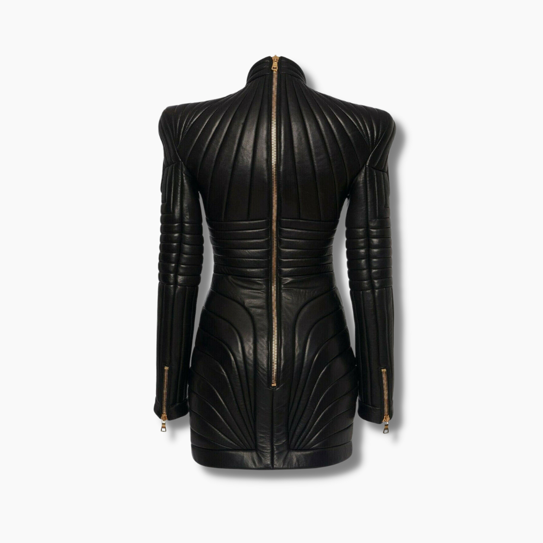 Women's Leather Quilted Bodycon Full Sleeved - Black