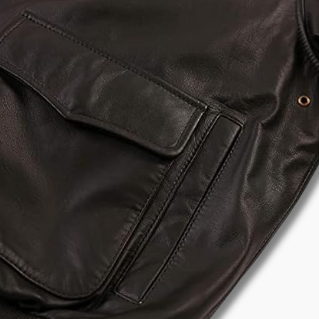 Leather bomber jacket body welt pocket with flap