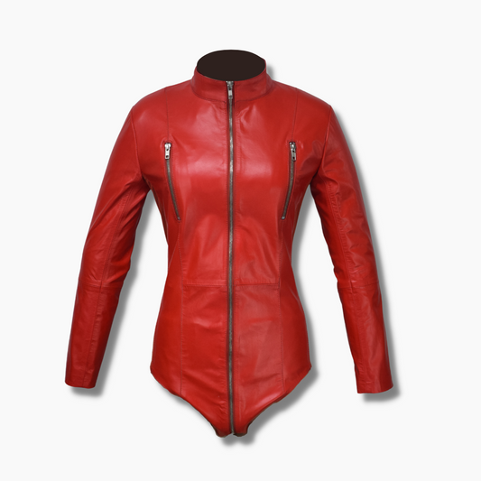 Elevate your style with Movenera’s red genuine sheepskin leather bodysuit, featuring a sleek banned collar, YKK zippered chest pockets, and open hem cuffs. Crafted with a polyester lining for ultimate comfort and a perfect fit. Shop now for bold, luxury fashion.