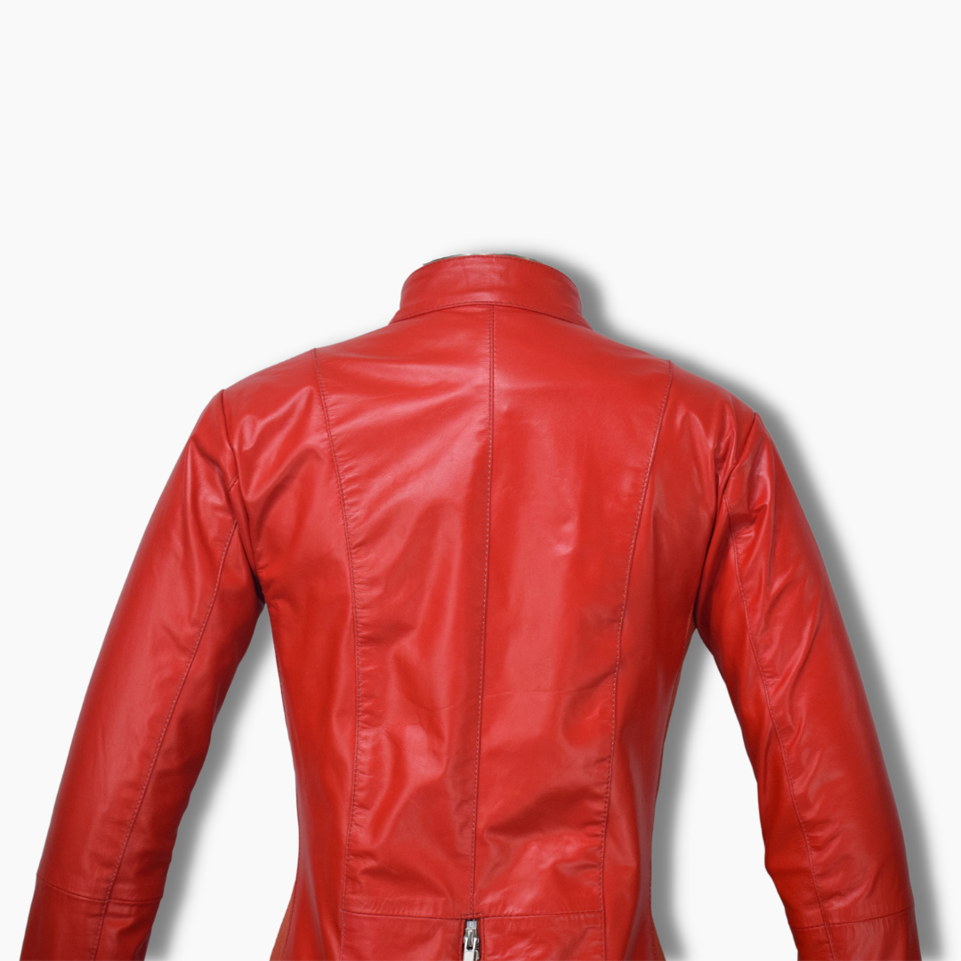 Elevate your style with Movenera’s red genuine sheepskin leather bodysuit, featuring a sleek banned collar, YKK zippered chest pockets, and open hem cuffs. Crafted with a polyester lining for ultimate comfort and a perfect fit. Shop now for bold, luxury fashion.