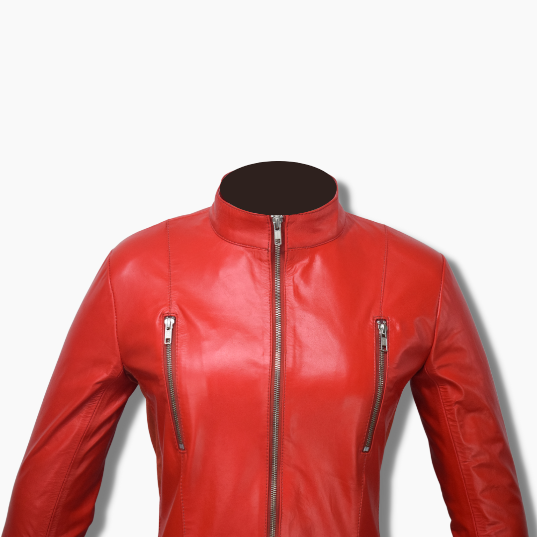 Elevate your style with Movenera’s red genuine sheepskin leather bodysuit, featuring a sleek banned collar, YKK zippered chest pockets, and open hem cuffs. Crafted with a polyester lining for ultimate comfort and a perfect fit. Shop now for bold, luxury fashion.