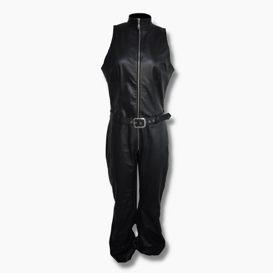 Black leather jumpsuit with bell bottoms 