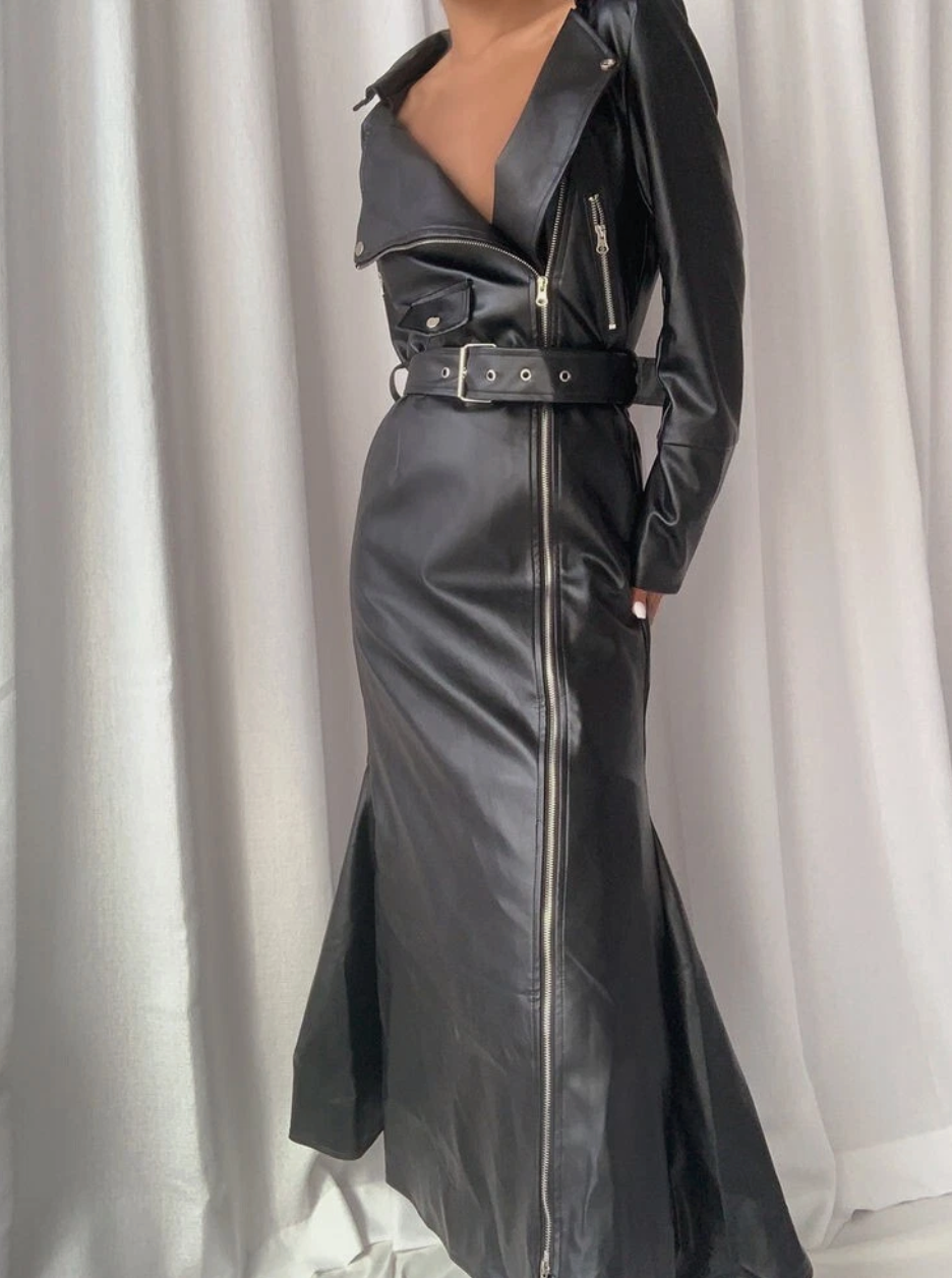 Black genuine leather biker-style maxi dress with asymmetrical zipper front, waist belt, and long sleeves.