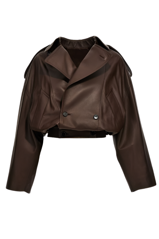 Upgrade your style with our chocolate brown leather jacket. Featuring a dual-way collar, adjustable waistband, and double-breasted buttons, this versatile jacket is crafted for luxury and durability. Perfect for any occasion!