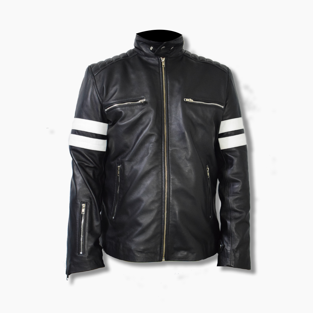 Buy Men's Leather Biker Racing Jacket with White Stripes on Shoulder ...