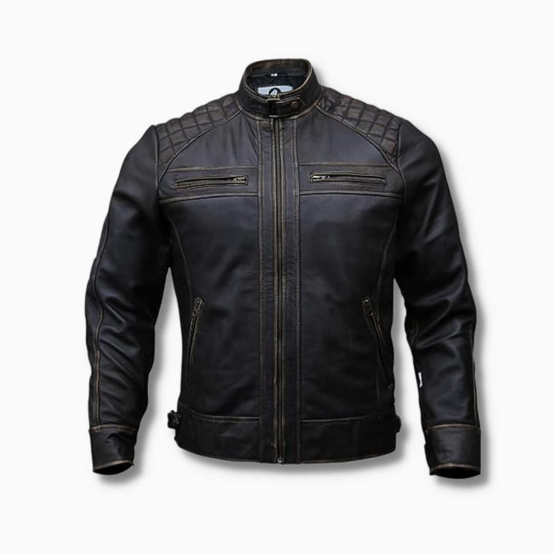 Mens Genuine Sheepskin Leather Biker Jacket Black Distressed
