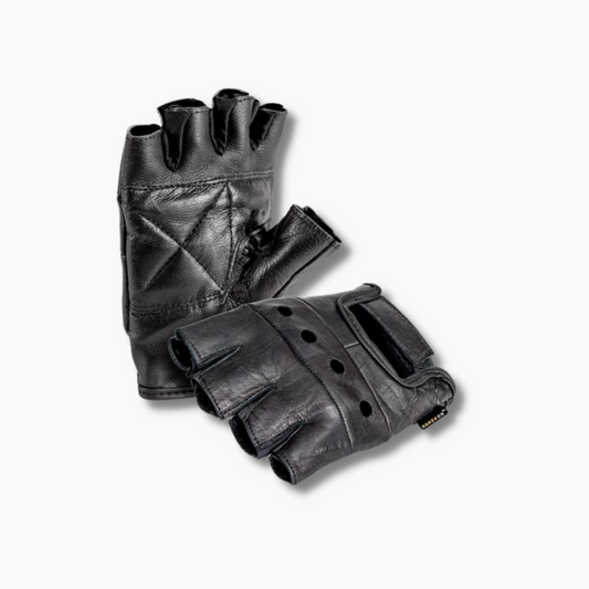 HANDS ON Top Grain Leather Half Finger Gloves Padded Palm Hook and Loop Closure - Black