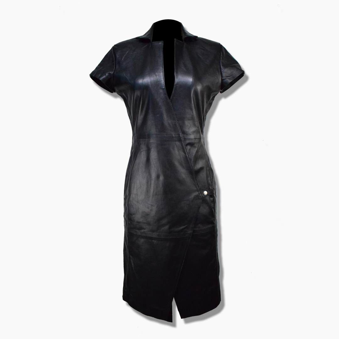 Lily Black Leather Half Sleeves Midi Dress