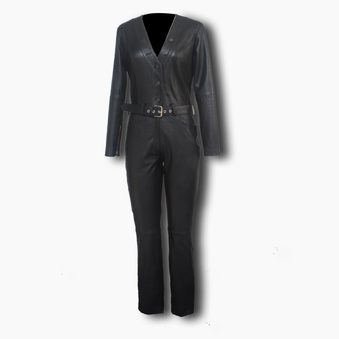 Elvira Black Leather Belted Jumpsuit with V-Neck