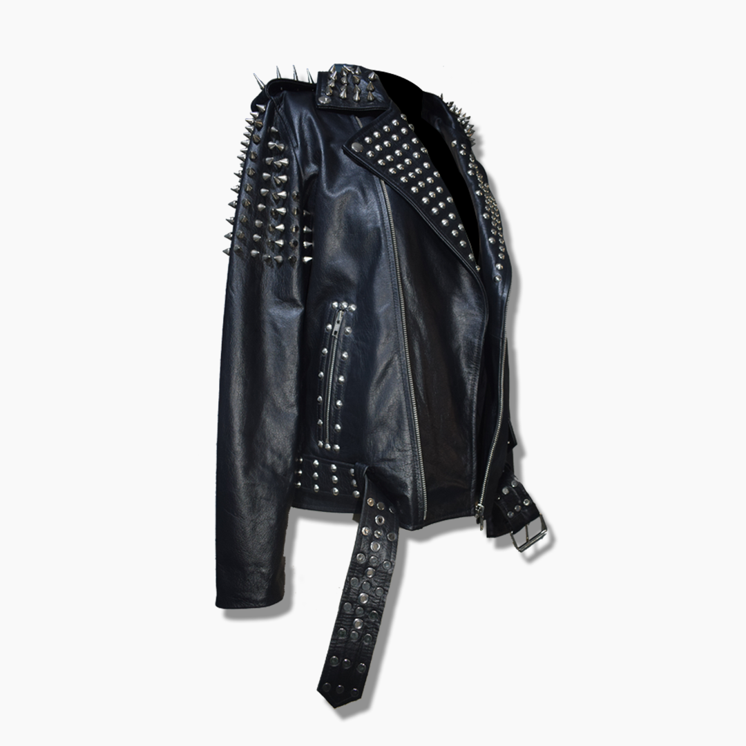 Lamar Black Leather Spiked Studded Biker Jacket