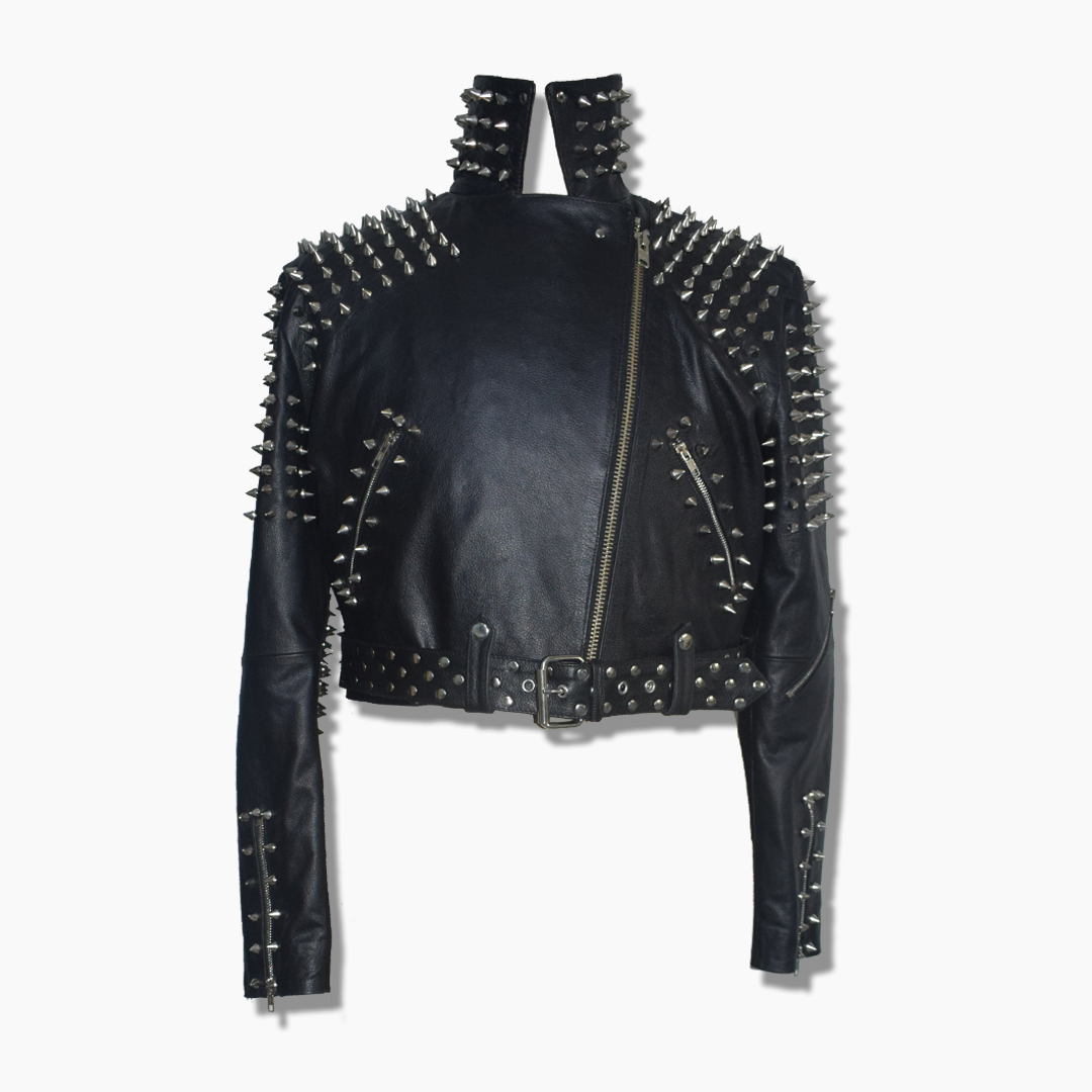 Gemma Black Leather Spiked Studded Biker Jacket