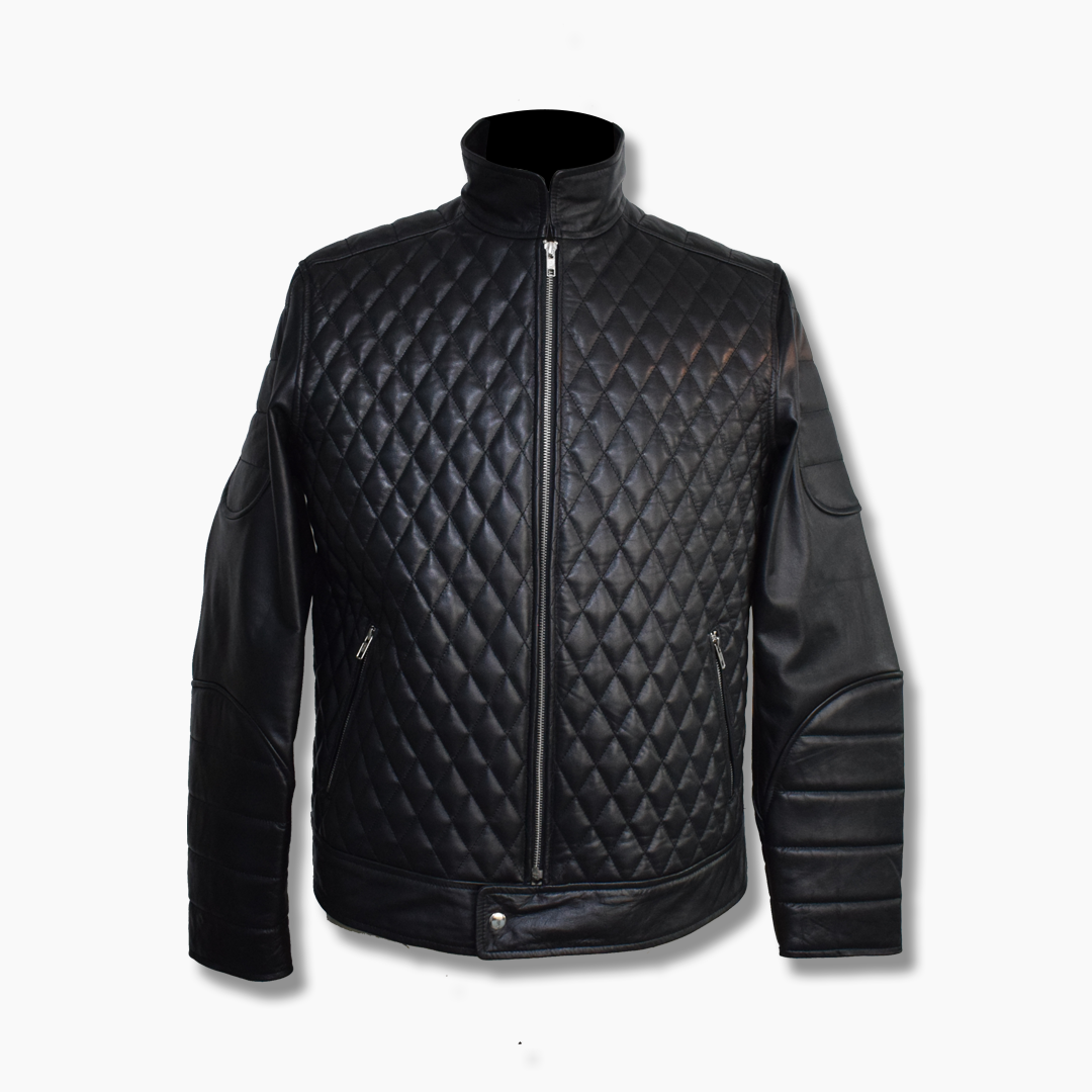 Men's Genuine Leather Punk Jacket With Front Zip Rhomboid Quilted Jackets