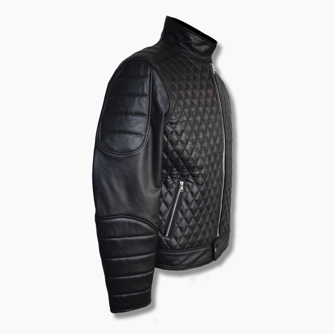 Men's Genuine Leather Punk Jacket With Front Zip Rhomboid Quilted Jackets